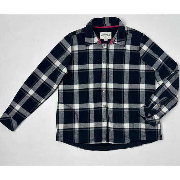 Orvis Size Large Women's Fleece-Lined Flannel Shirt Jacket Black White Buffalo - Picture 1 of 7